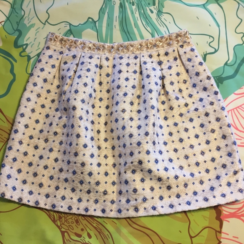 Francesca's Miami Brocade Beaded A-line Skirt large blue white gold metallic